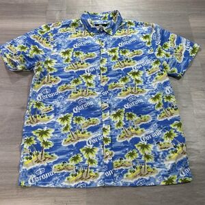 Corona Shirt Mens Large Blue Hawaiian Aloha Beer Graphic Button Up Tropical
